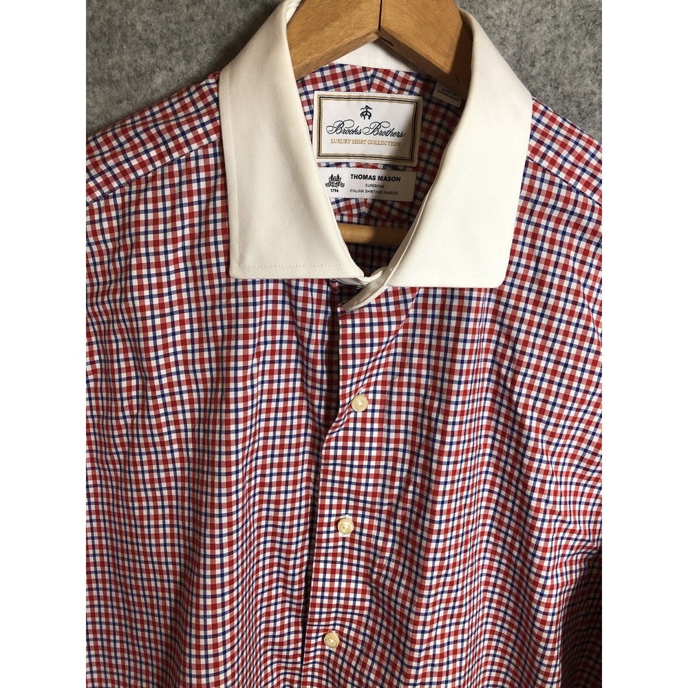 Brooks Brothers Shirt 16.5 32 Red Check White Collar Thomas Mason Luxury Classic